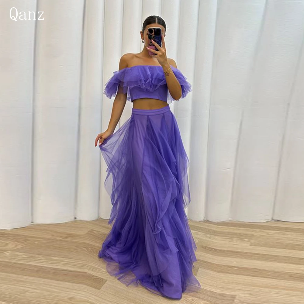 

Qanz A-line Two Pieces Evening Dresses Strapless Tiered Tulle Vestidos De Noche Party Dresses For Women Gala Robes De Soirée