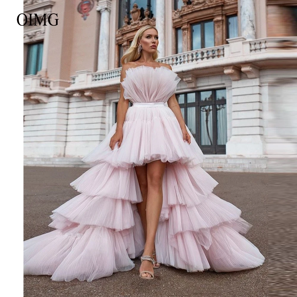 

OIMG Modern Blush Pink Short Front Long Back Evening Dresses Fluffy Tiered Organza High Low Prom Gowns Party Graduation Dress