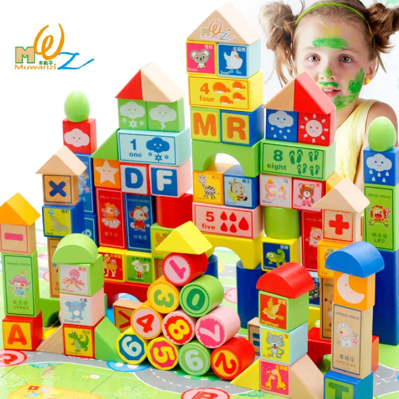 

100 Pcs Colourful Wooden Toys Block Safe Children Building Brick Block Construction Toy Kids Intelligence Exercise Educational