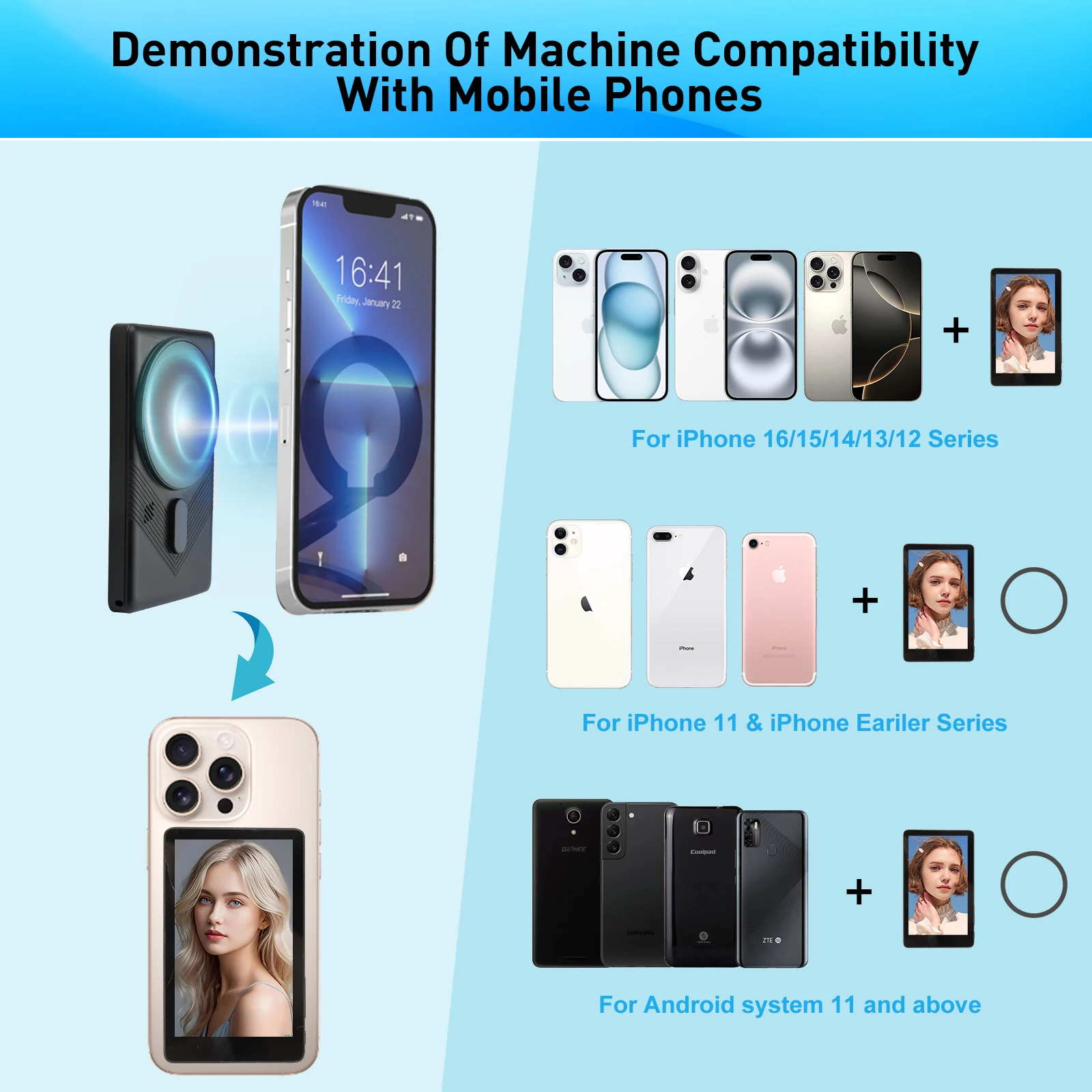 Магнитный монитор для селфи с сенсорным экраном для iOS Android, экран сотового телефона, монитор в реальном времени, вспомогательный инструмент для видеоблогов, прямая трансляция (art.: 3920d1aecab67) - 3920d1aecab67