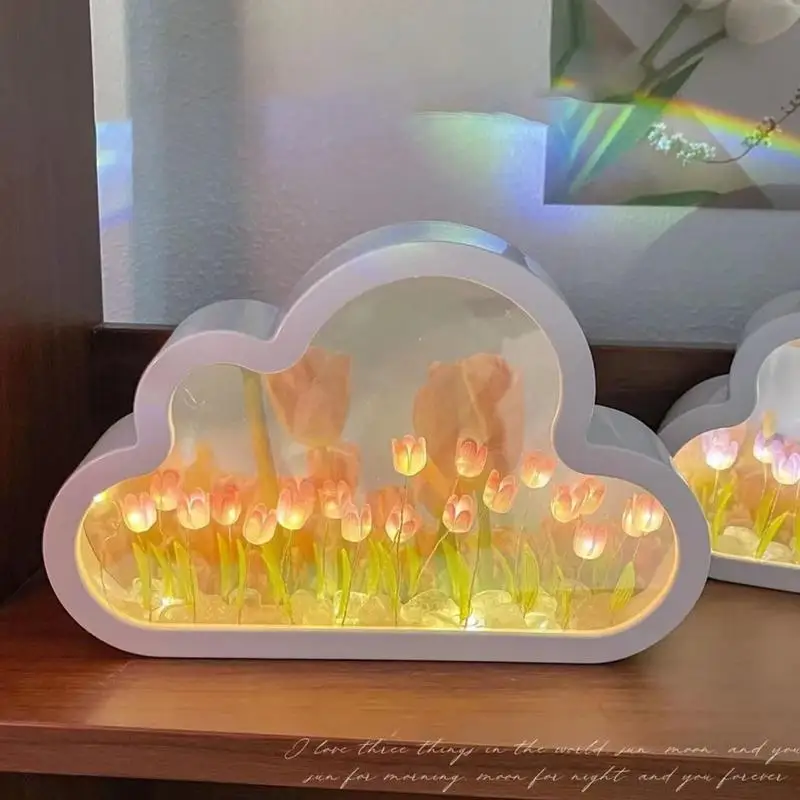 

INS LED Cloud Tulip Mirror Small Night Light INS Girl Heart Living Room Desktop Decoration Birthday Gift Holiday Gift