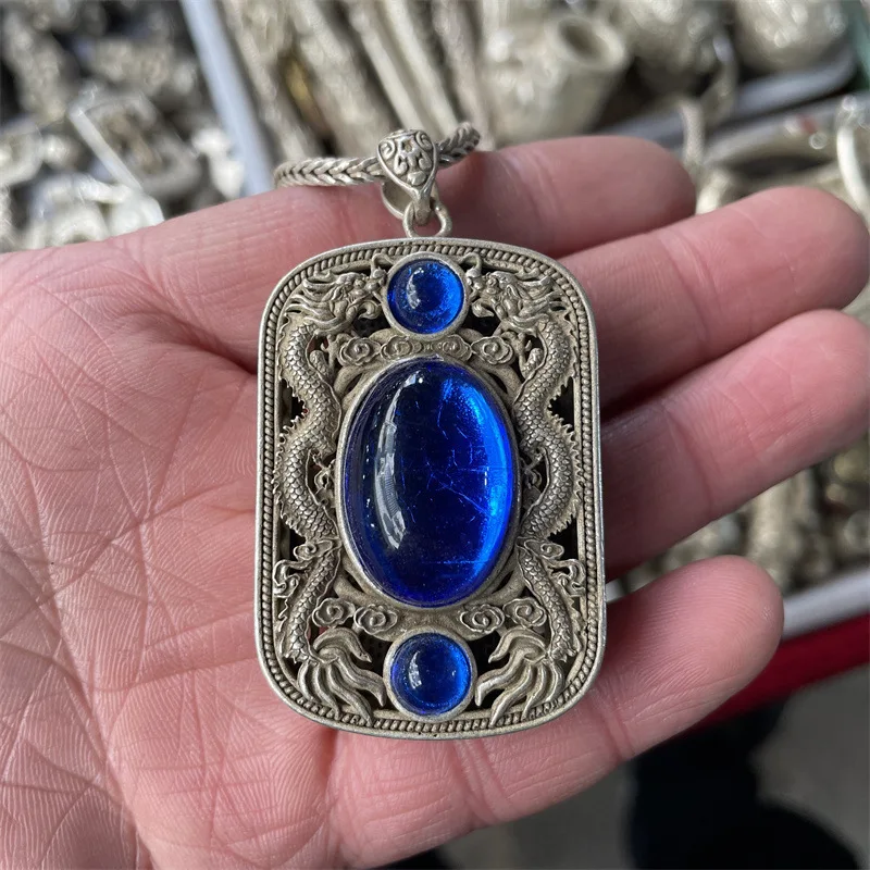 Тибетское серебряное ожерелье с двойным драконом