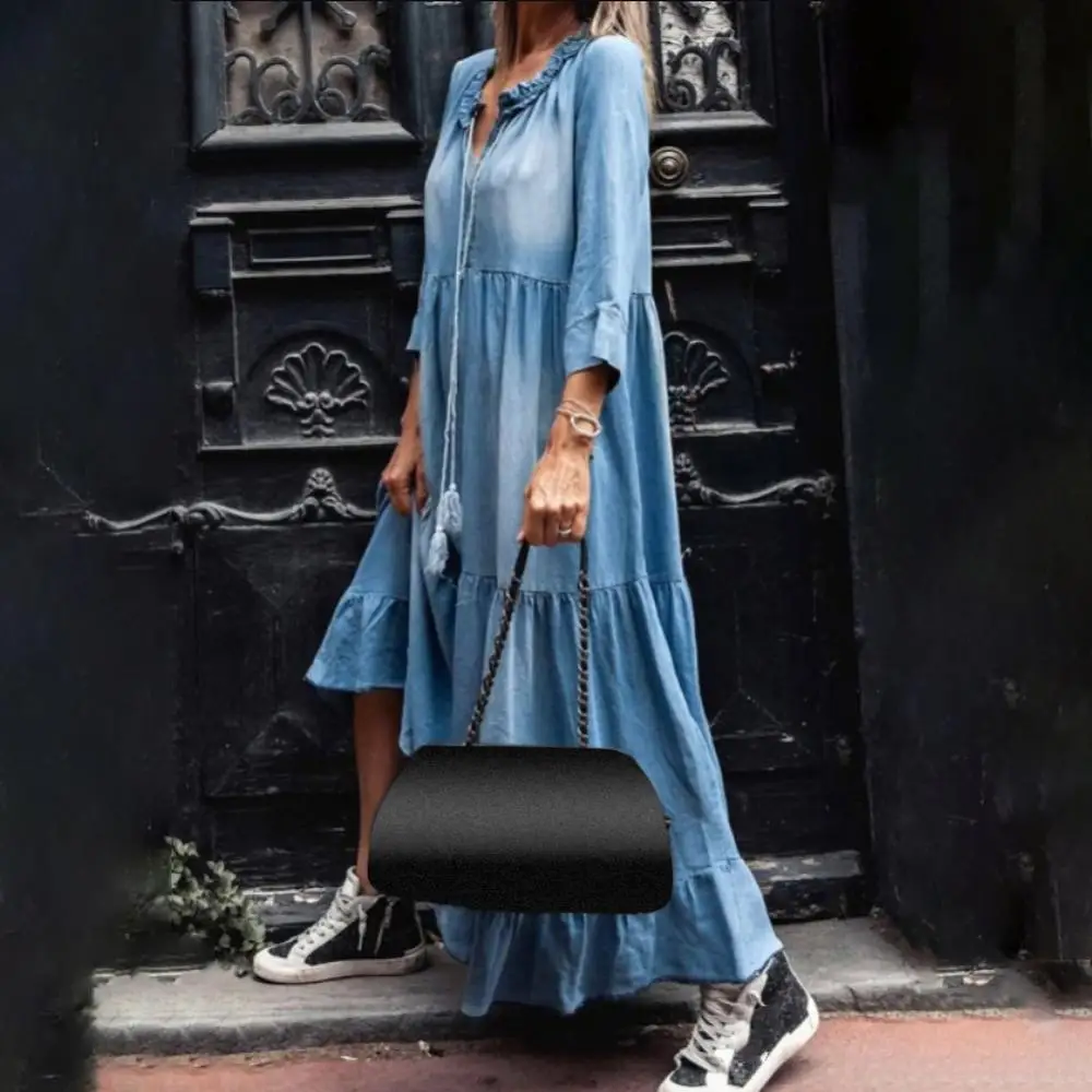 

Loose Tassel Women Vintage Dress 3/4 Sleeve Lace V Neck Large Hem Maxi Denim Dress