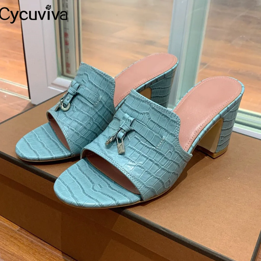 New Chunky Heel Slides pantofole in pelle di struzzo donna Ladies Summer Walk Sandals scarpe da festa con tacco alto pantofole da donna di marca 2022