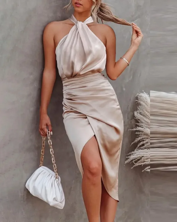 

Сексуальное платье, Новинка лета 2022, модное женское вечернее платье без рукавов с рюшами и разрезом, женское сексуальное вечернее платье с о...