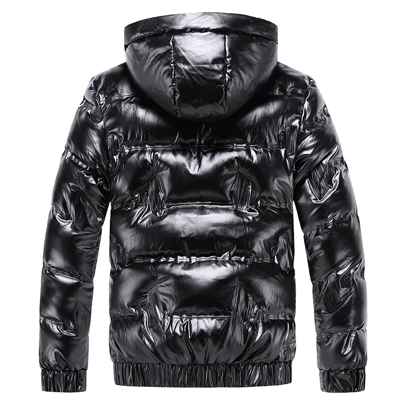 Bright Leather Winter Men's Jacket Casual Parka Outwear Waterproof Puffer Padding Warm Stand With Hood Outwearing Coat