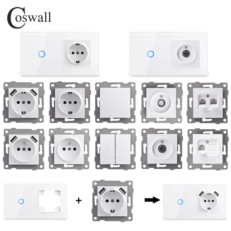 

Настенный сенсорный выключатель COSWALL, белая стеклянная панель, европейская розетка Schuko, зарядное устройство USB Type-C, Интернет, спутниковый ТВ...