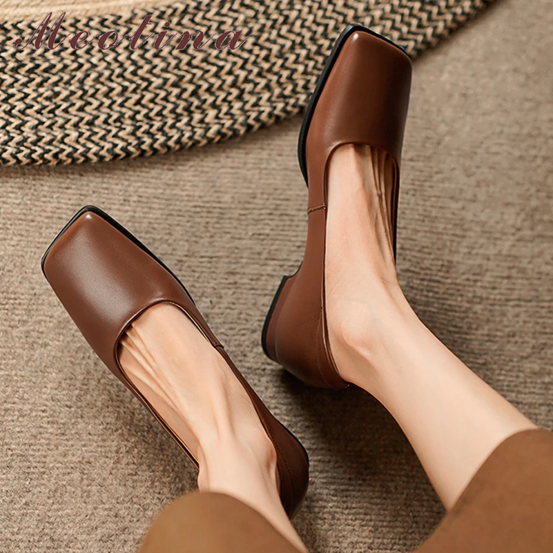 

Meotina Women Genuine Leather Square Toe Flats Shallow Ladies Fashion Concise Casual Shoes Spring Autumn Brown Apricot 40