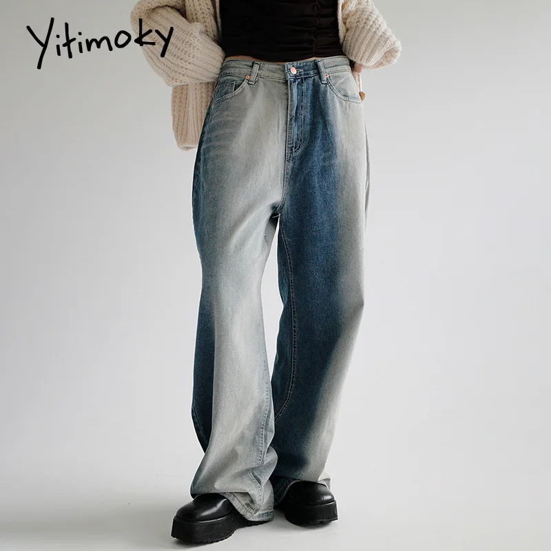 

Yitimoky Fashion Asymmetric Gradient Washed Wide-leg Vertical Straight Tube Thin Mopping Jeans 2022 Y2K Streetwear Harem Pants