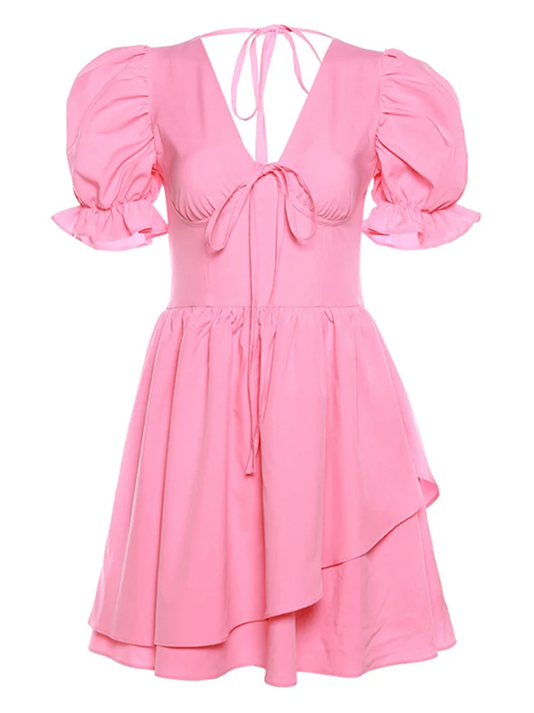 

2023 Summer New Women's Princess Sleeves Strap Halter Neck Sexy V-Neck Slim Dress Women Beach Vacation Club Party Dress Vestidos
