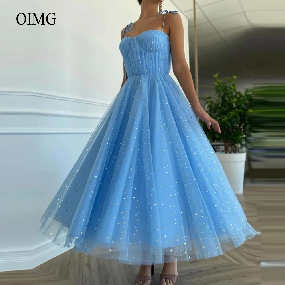 

Sparkly Blue Tulle With Stars Prom Dresses Spaghetti Straps Sweetheart Draped Ankle Length Arabic Women Formal Party Gowns