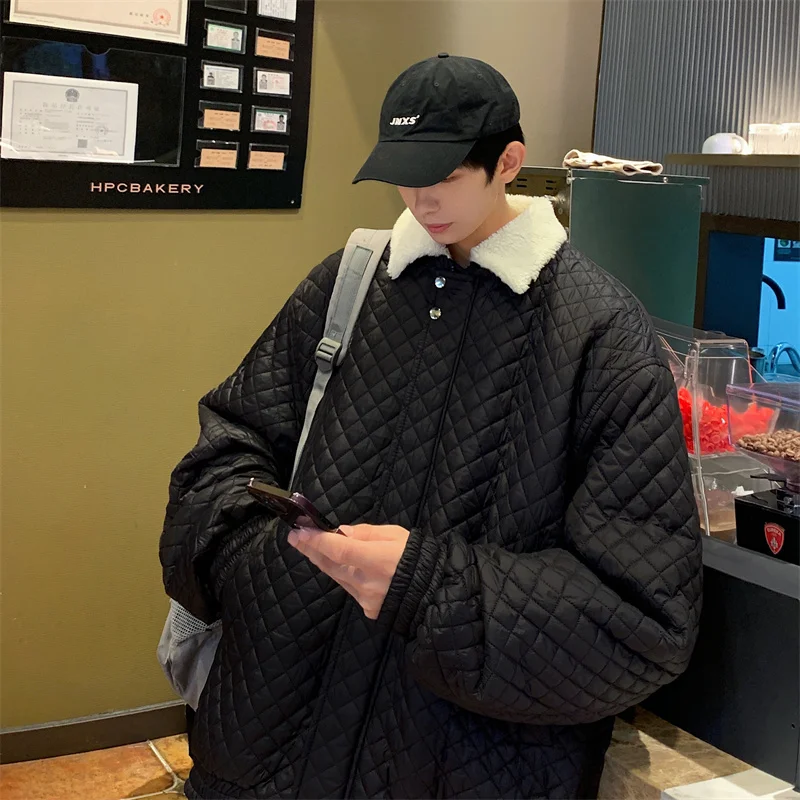 Winter Jacket Men Warm Fashion Beige Black Casual Plaid Thickened Coat Men Korean Loose Short Coat Mens Parker Clothes S-2XL