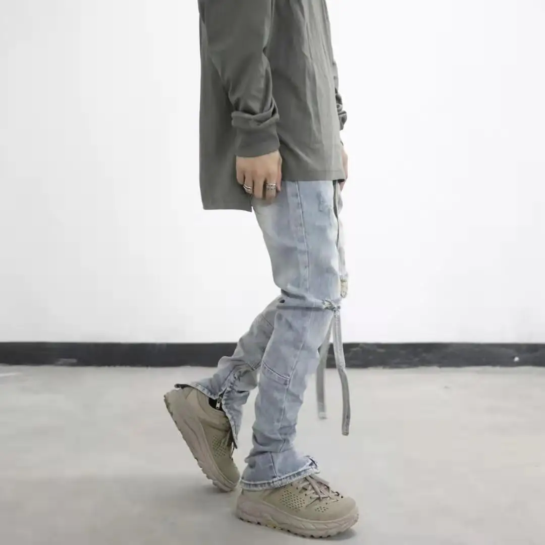High Street Bieber with the same long streamer wash water to make old hole trousers zipper Korean fashion slim skinny jeans