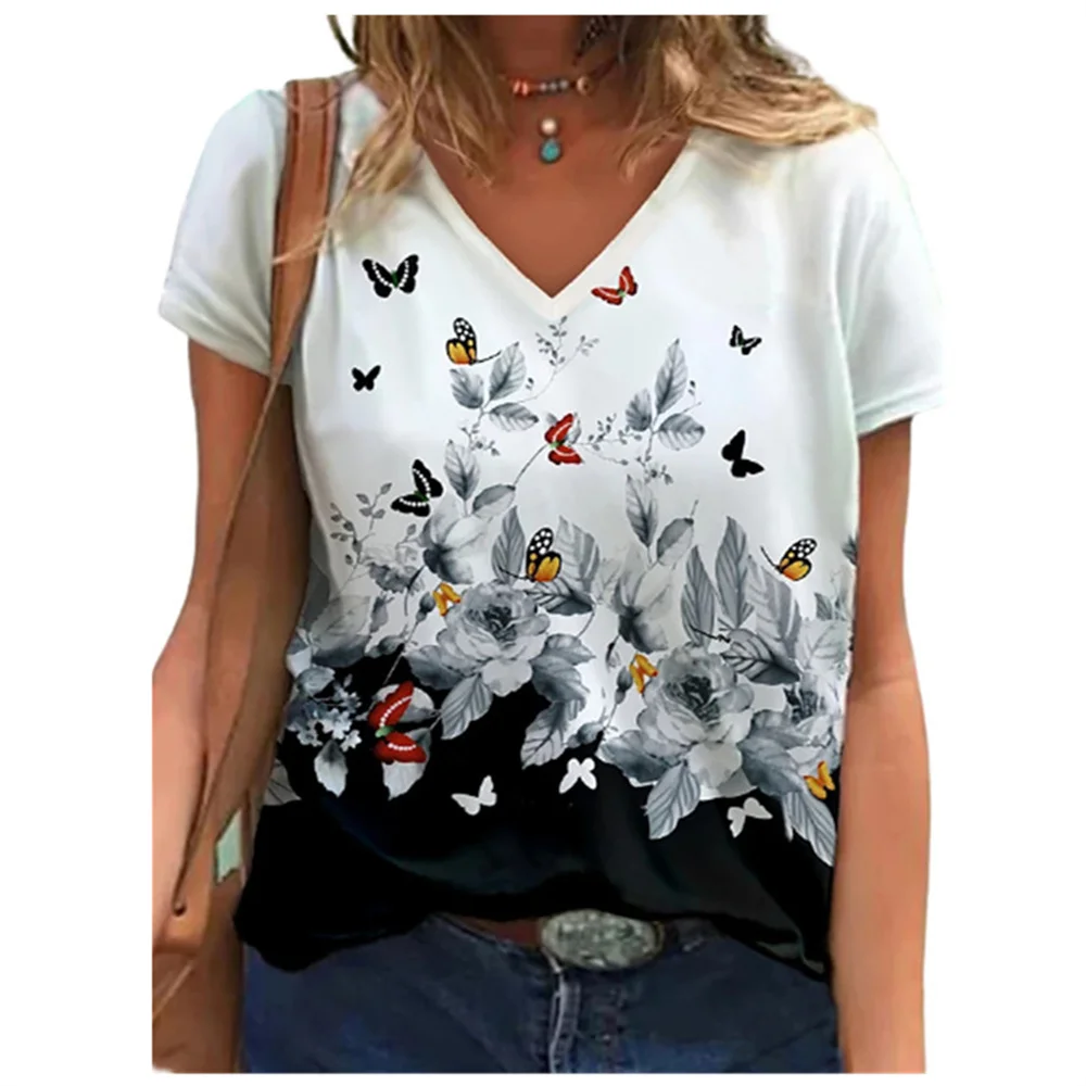 2022 new fashion casual women's short sleeved V-neck 3D printed T-shirt