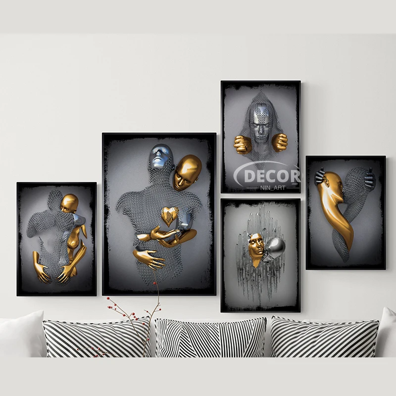 

Love Heart Frame Canvas Print Metal Figure Statue Art Painting Romantic Posters and Prints Wall Pictures Modern for Living Room