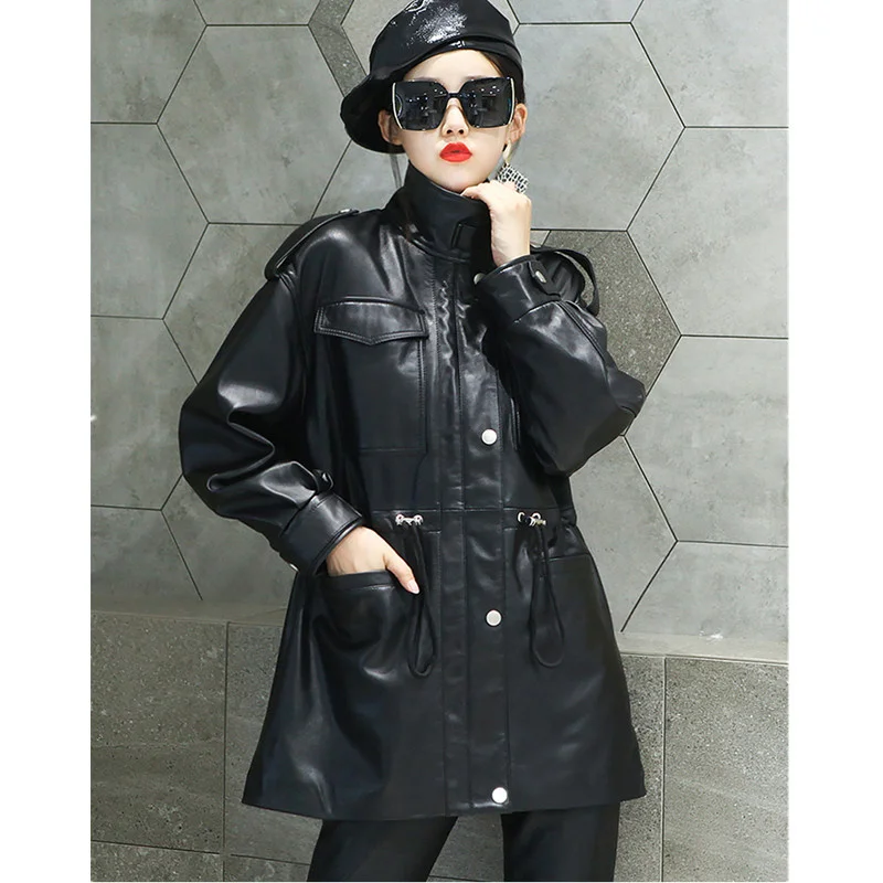 

Leather Windbreaker Coat Women's Early Spring Shrinkage Waist Slimming Stand Collar Jacket Genuine Large Size Outerwear