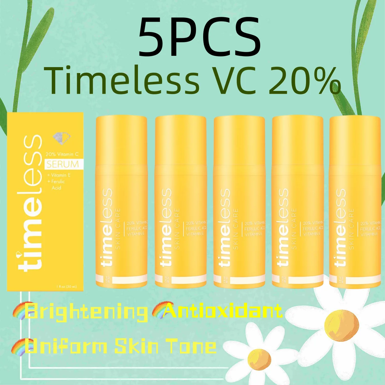 

5PCS Timeless 20%VC Face Serum Moisturizing Whitening Anti-Aging Shrink Pores Hydrating Antioxidant Brightening Facial Care 30ml