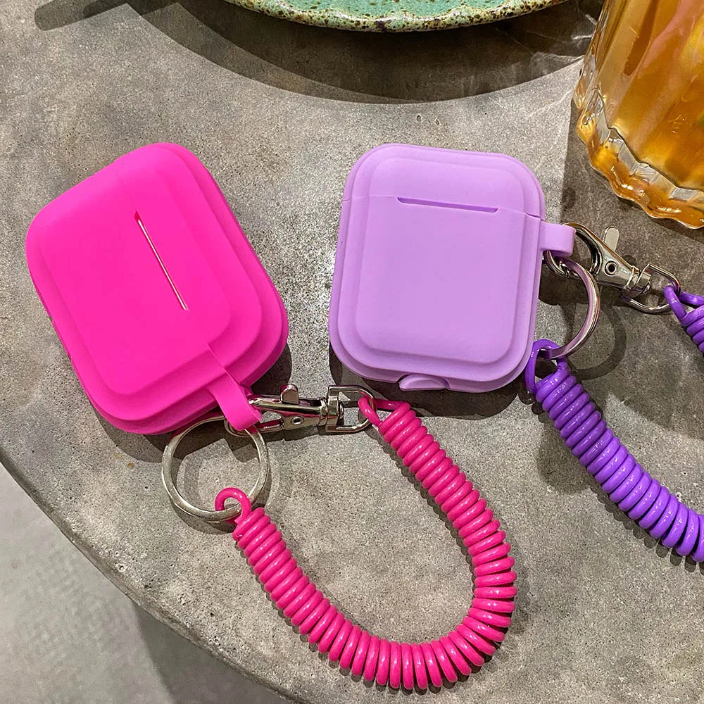 

Case For Airpods 1/2/3 Silicone Solid Color Protective Earphone Cover For Apple Air Pods Pro with Spring Fexible Chain Keyring