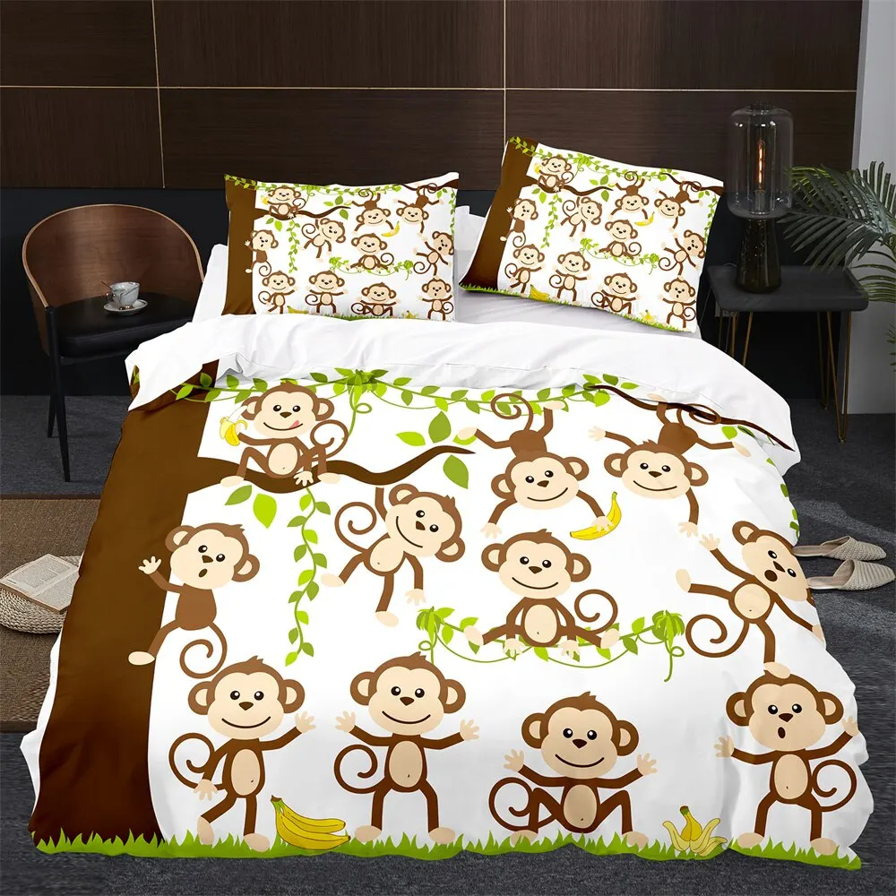 

Monkey Duvet Cover King Queen Lovely Cartoon Animal Bedding Set for Kids Boy Girl 2/3pcs Polyester Quilt Cover Green Jungle Tree