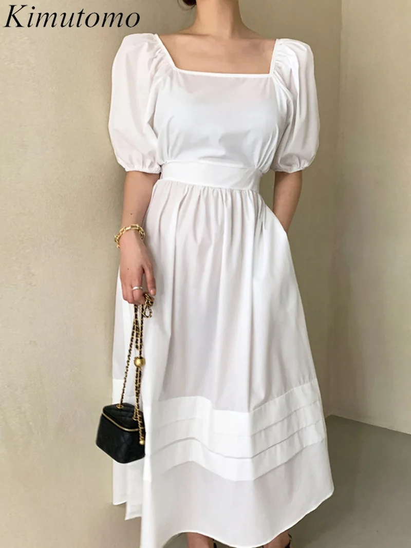 

Kimutomo Elegant Solid Lace Up Long Dress Woman Gentle Striped Stitch Square Collar High Waist Puff Sleeves A-line Dresses Ins