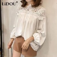 spring autumn korean style lace hook flower hollow loose casual chiffon pullover tops women long sleeve all match blouse shirt