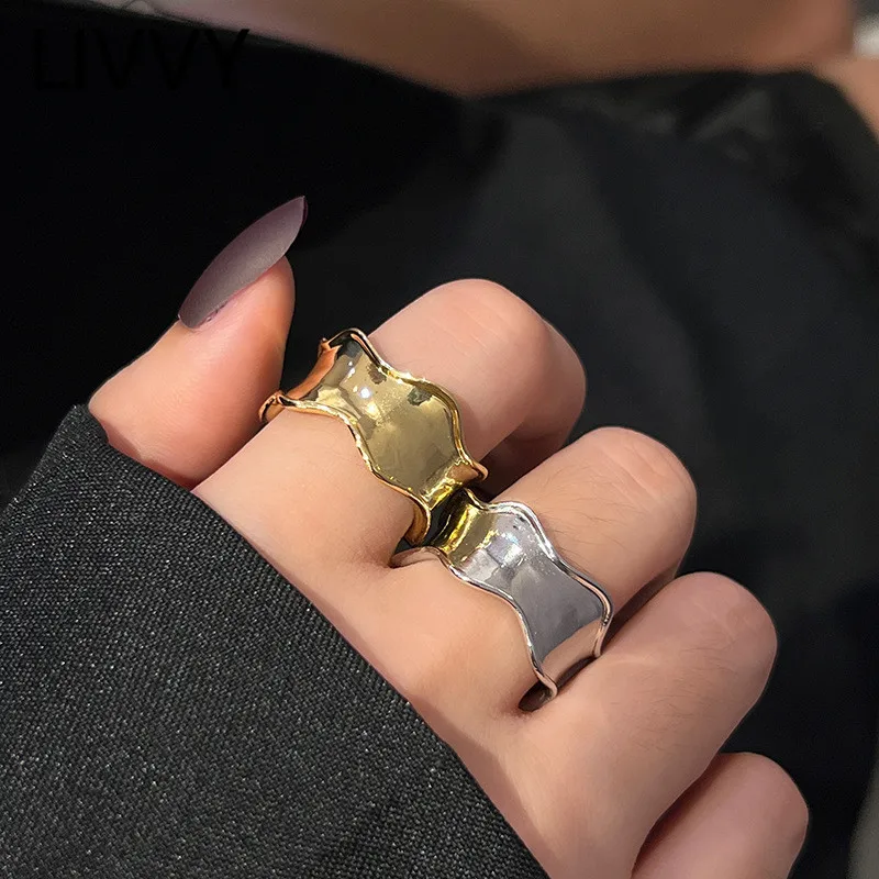 

LIVVY Silver Color New Simple Fashion Irregular Surface Vintage Width Rings for Women Punk Party Jewelry Gifts