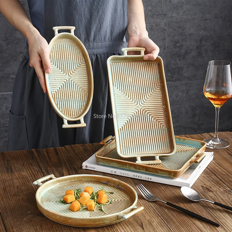 

New Chinese-style Kiln-changed Ceramic Bakeware Binaural Square Western Steak Plate Hotel Plate Retro Tableware Fish Plate