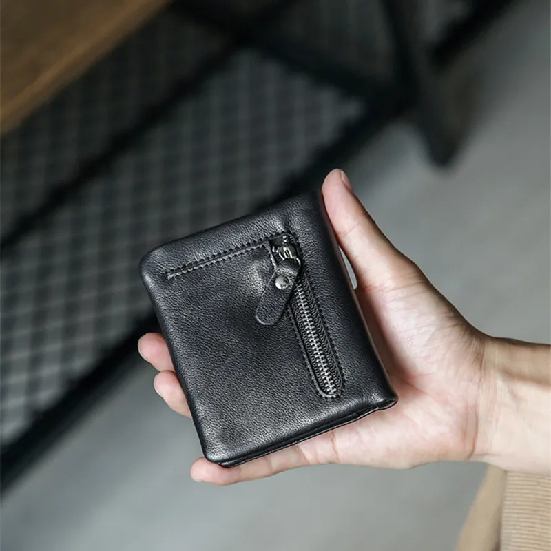Casual black small genuine leather men's women's coin purse natural soft real cowhide short multi-card card holder wallet