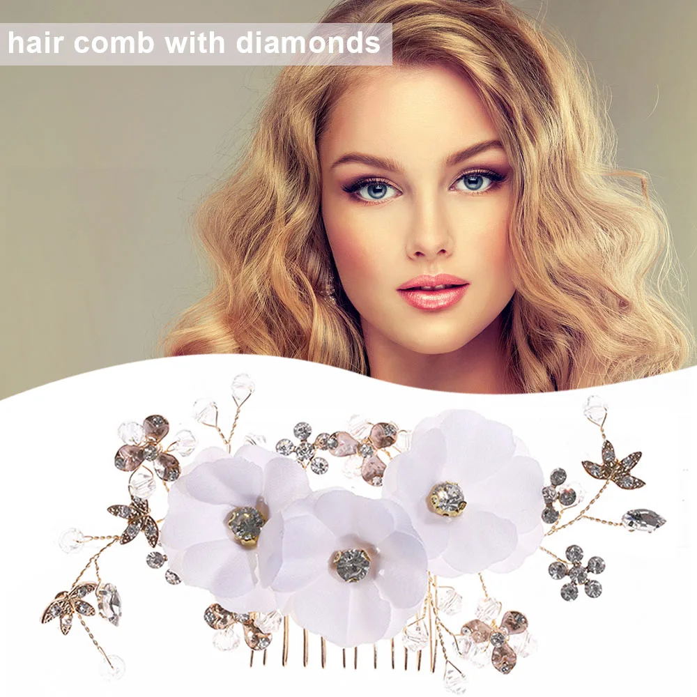 

Handmade Diamond Hair Comb White Flower Bridal Tiara Side Comb Accessory Heavenly Elegant Temperamental Ornament Headdress NA