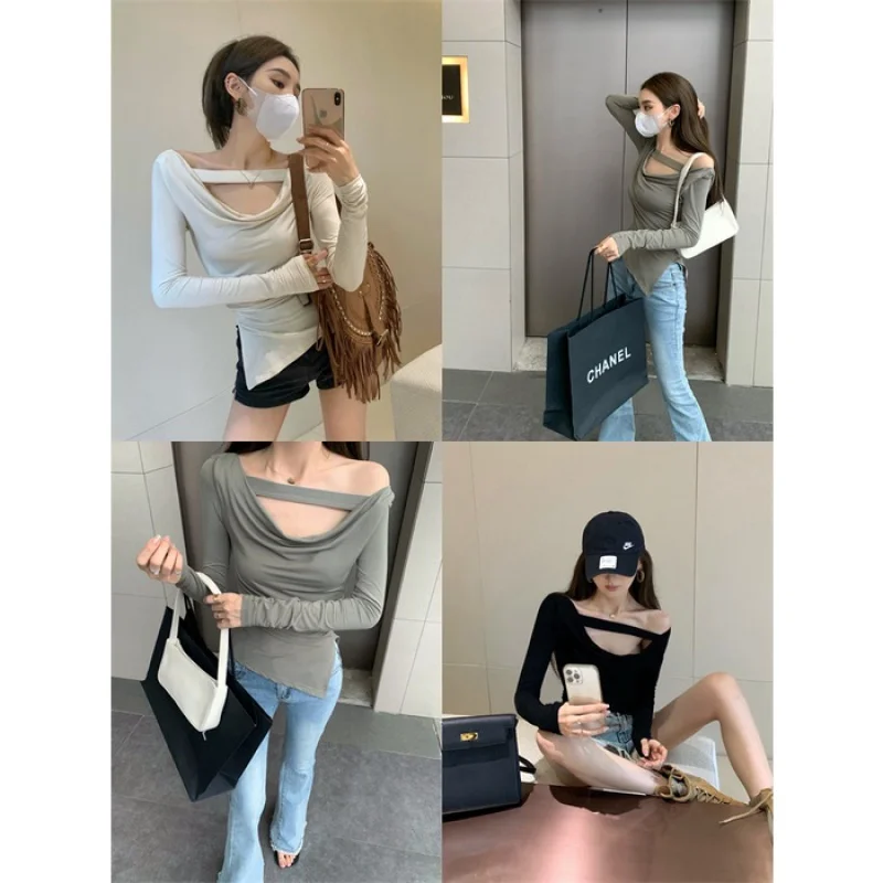 

women's retro korean slim off shoulder t-shirt top