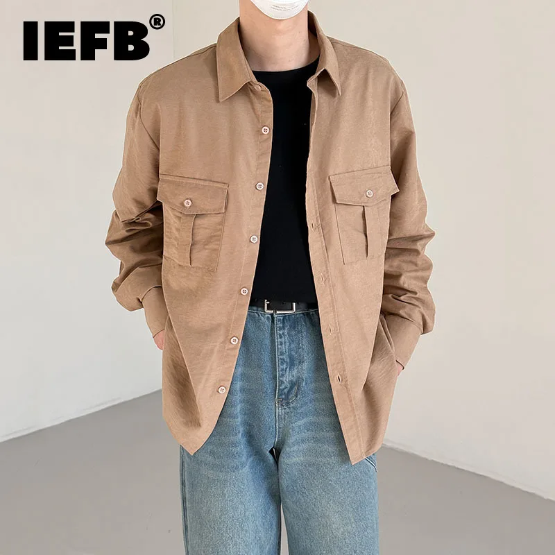 

Мужская Однотонная рубашка IEFB, с отложным воротником, корейская мода, мужская верхняя одежда с несколькими карманами, стильная новинка весны 2023, 9A7429