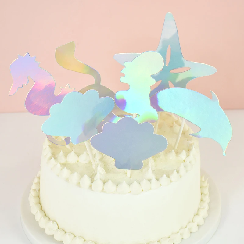 

7pcs Ocean Theme Laser Cake Topper Under The Sea Party Cake Flags Mermaid Tail Shells SeahorseStarfish Birthday Cake Insert Card