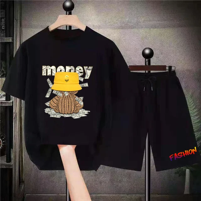 2023 Men Fashion Solid Color T-shirt Set Money Bear Rabbit Print Short Sleeve Sportswear Street Wear Summer Unisexual Shorts Set