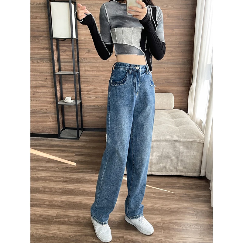 Retro High Waist Loose Straight Wide Leg Harem Pant Contrast Color Double Pocket Jeans Female Blue Baggy Denim Trouser