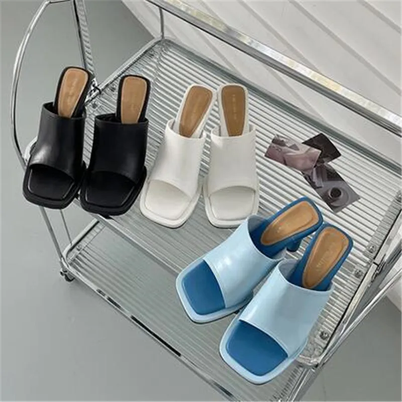 New Blue Slippers Sandals Women Summer 2023 Fashion Square Toe Sexy High Heels Platform Shoes Outdoor Cozy PU Leather Slides