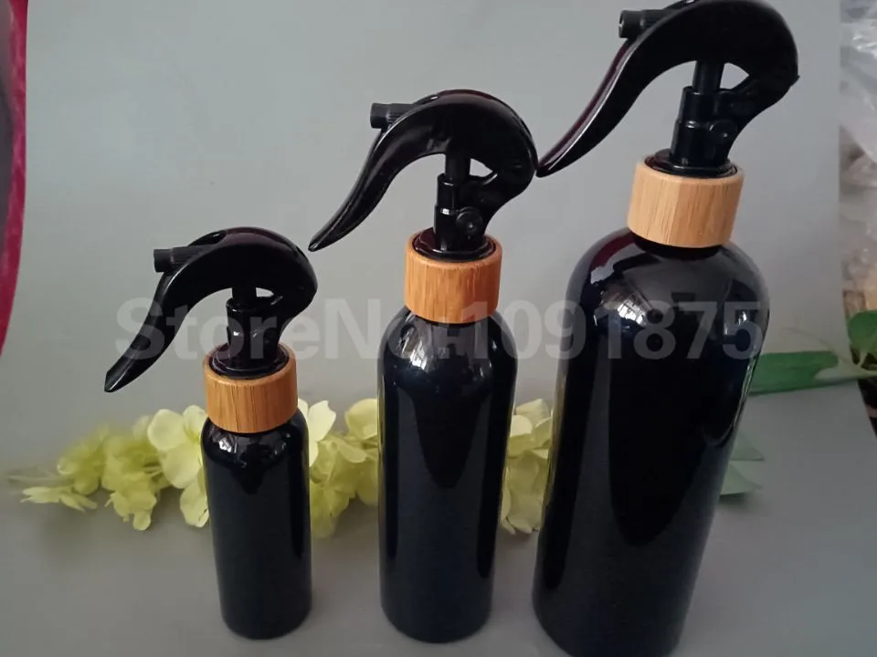 

10pcs 100ml 150ml 200ml 250ml 300ml Black Plastic Bottle With Black Bamboo Trigger Sprayer Mist Spray Bottle Empty Pet Bottle