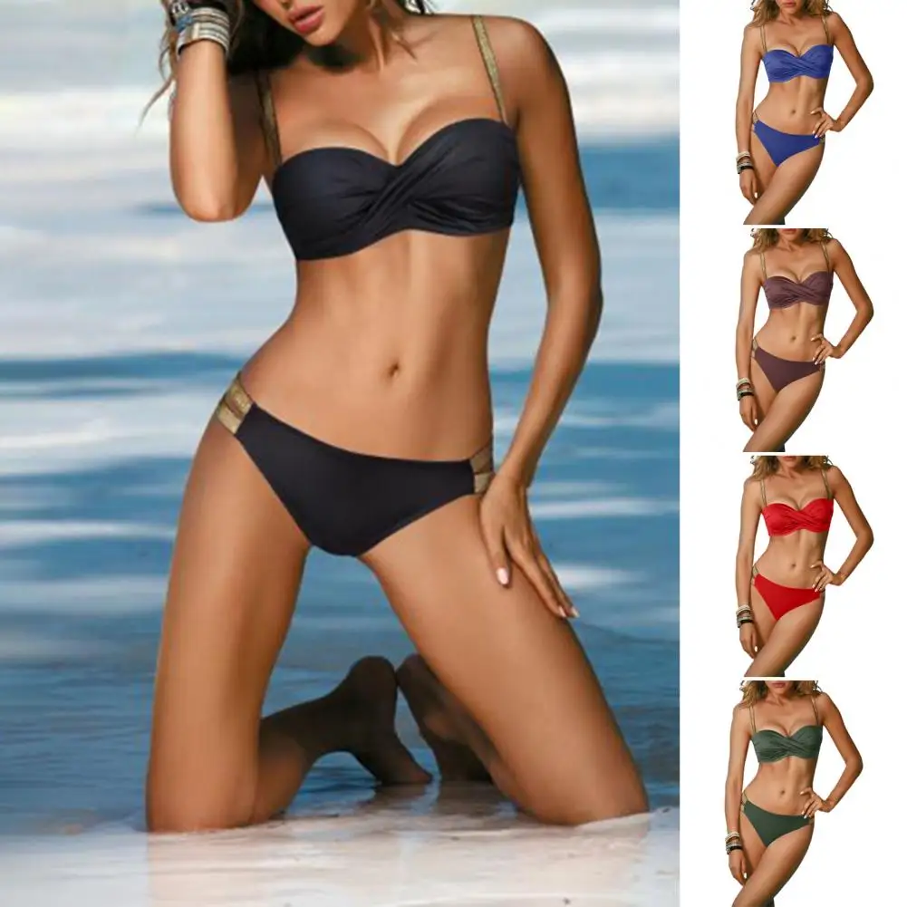 

Bikini Set Sexy Golden Waist Belt Solid Color Summer Women Push Up Female Bathing Suit for Swimming Pool