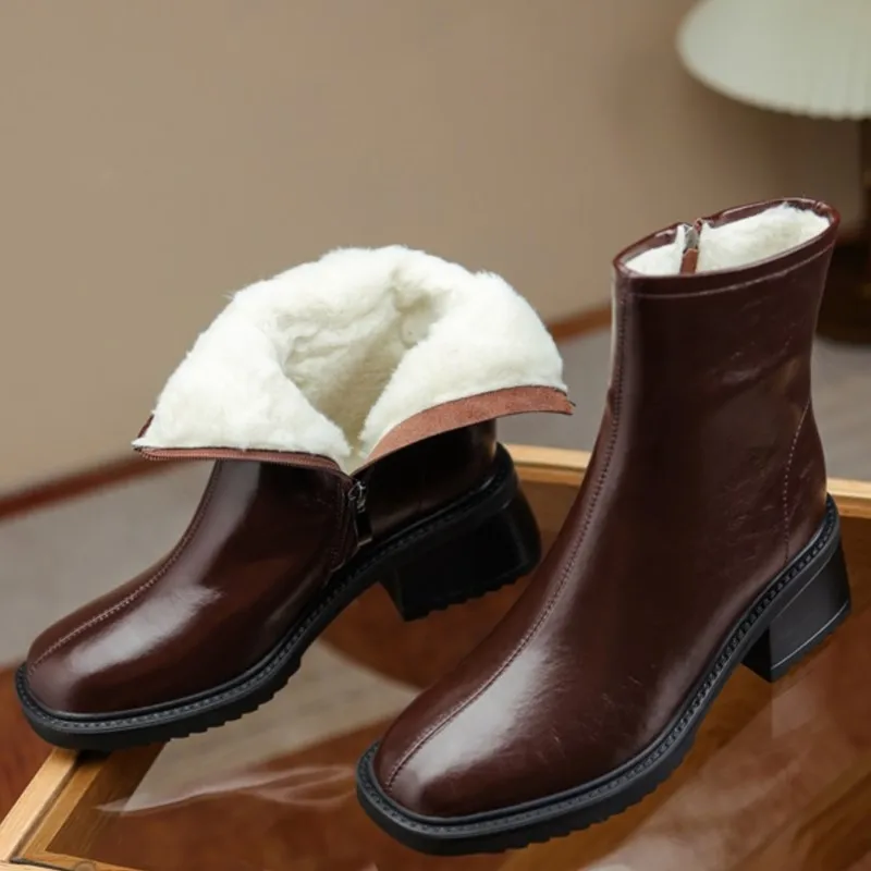 

Dilalula 2023 New Thick Fur Ankle Boots Zipper Cow Leather Winter Boots Women Shoes Black Brown Ladies Fashion Boots Snow Shoes