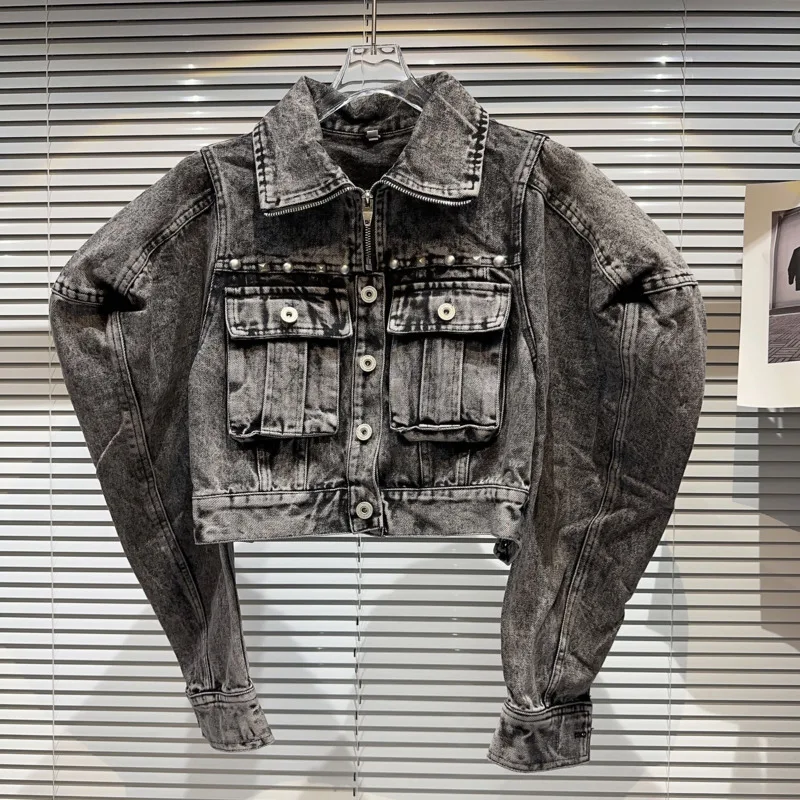 

PREPOMP 2023 Autumn New Arrival Long Puff Sleeve Turn Down Collar Rivet Pockets Vintage Dark Grey Denim Jacket Women GL371