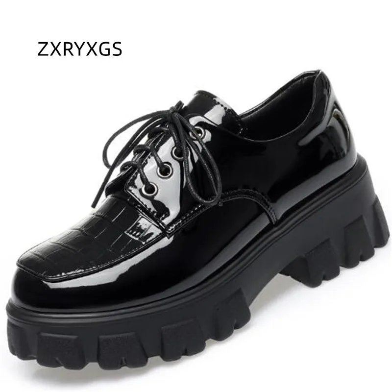 

ZXRYXGS Lace-up Patent Leather Black ShoesThick Bottom Non-slip High Heels 2023 New Spring Leather Shoes Woman New Large Size