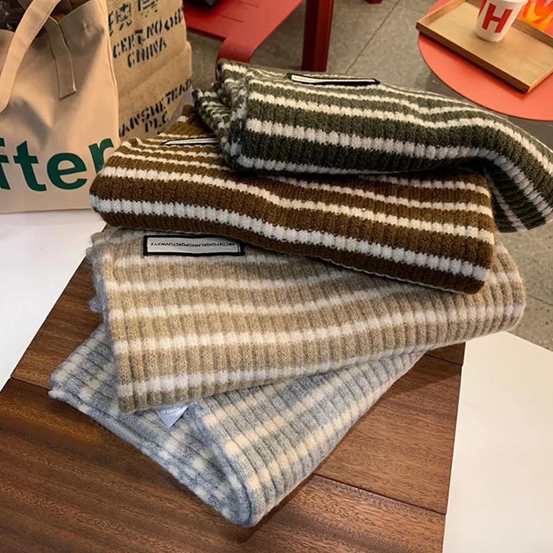 

Новинка Зима 2023 женский шарф в полоску трикотажный шерстяной мягкий липкий шарф на ощупь утолщенный и теплый закрытый шаль