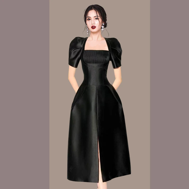 

Summer Puff Sleeve Split Women Dress Black High Waist Slim Square Collar Long Vestidos Elegant Holiday Party Clothes Chic F278