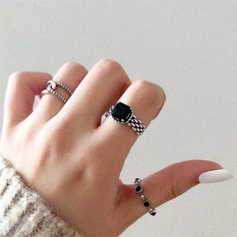 Vintage Simple Fashion New Arrival 925 Sterling Silver Obsidian Open Rings Women Girl Sterling-Silver-Jewelry Anti-Allergy LR211 images - 6