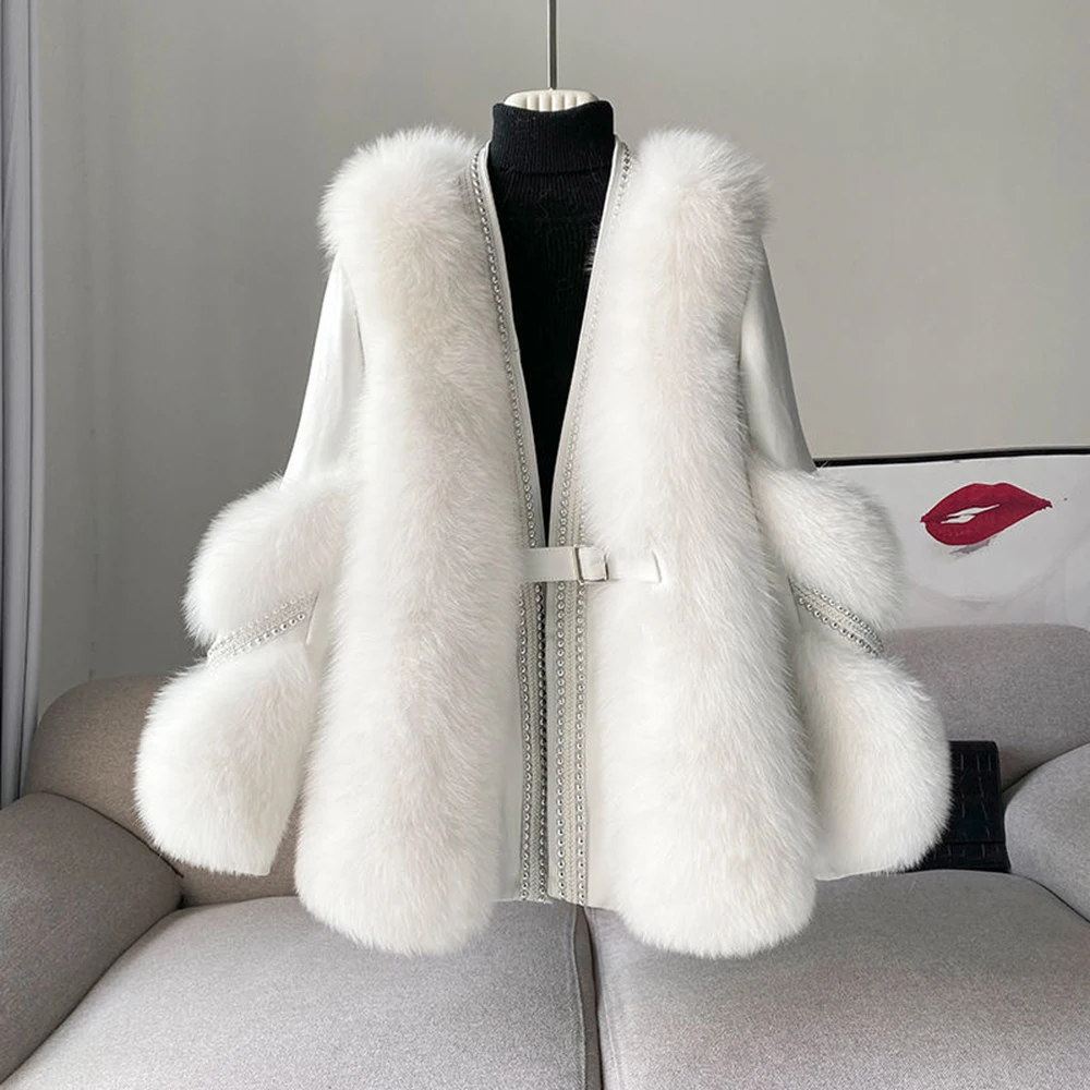 New Cashmere Wool Blends Fur Coat Winter Jacket Women Oversize Loose Fake Fox Fur Collar Outerwear