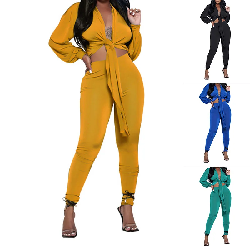 

2023 Fashion Commuter Suit Temperament Sexy Lace up Short Long Sleeve Shirt Slim Fit Pants Two Piece Set Women