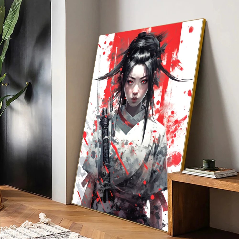 Японская Картина на холсте в стиле киберпанк самурайская девушка настенные
