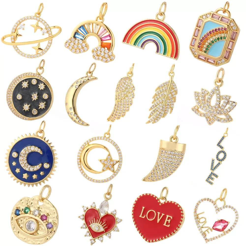 

Rainbow Love Letter Feather and Moon Jewerly Making Gold Beautiful Dangle Charms Designer Gold Celestial Planet Nature Charm
