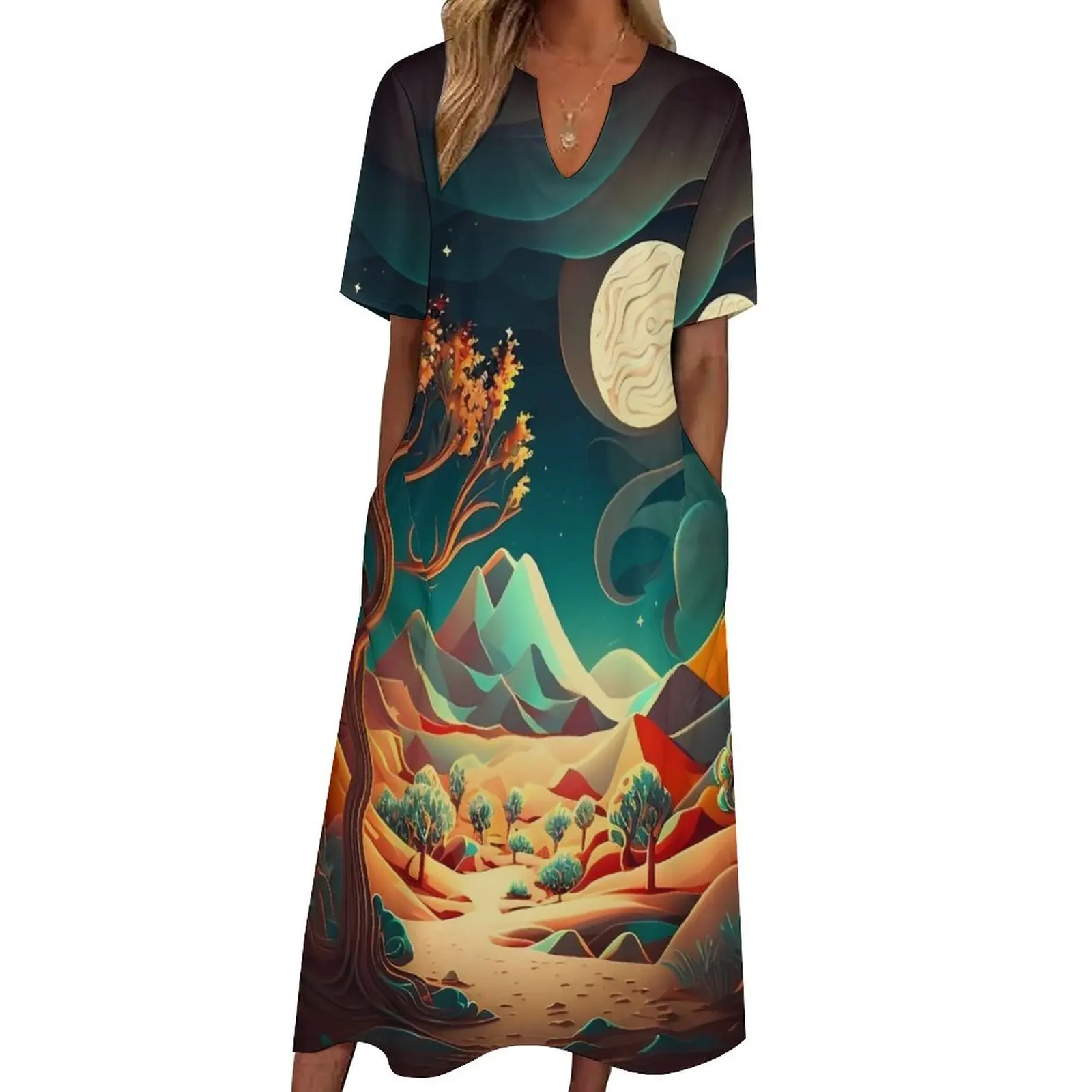 

Desert Print Dress Summer Abstract Nature Street Wear Casual Long Dresses Women Graphic Kawaii Maxi Dress Big Size 4XL 5XL