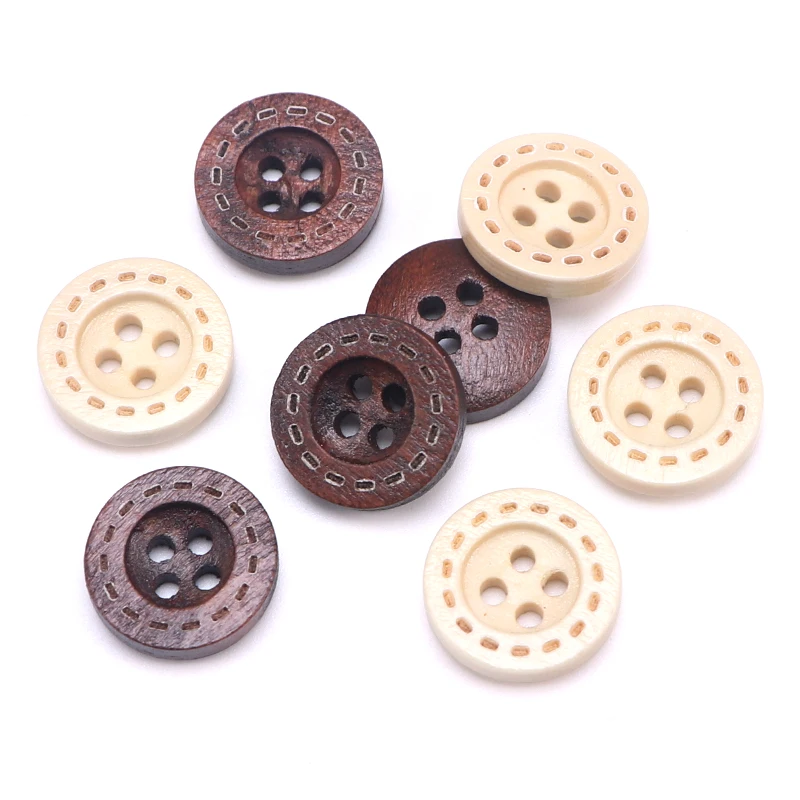 

New 10 Pcs 20-28MM Round Wooden Bowl Buckle Carved Dotted Line Wood Four-eye Button DIY Hand Sewn Ornament