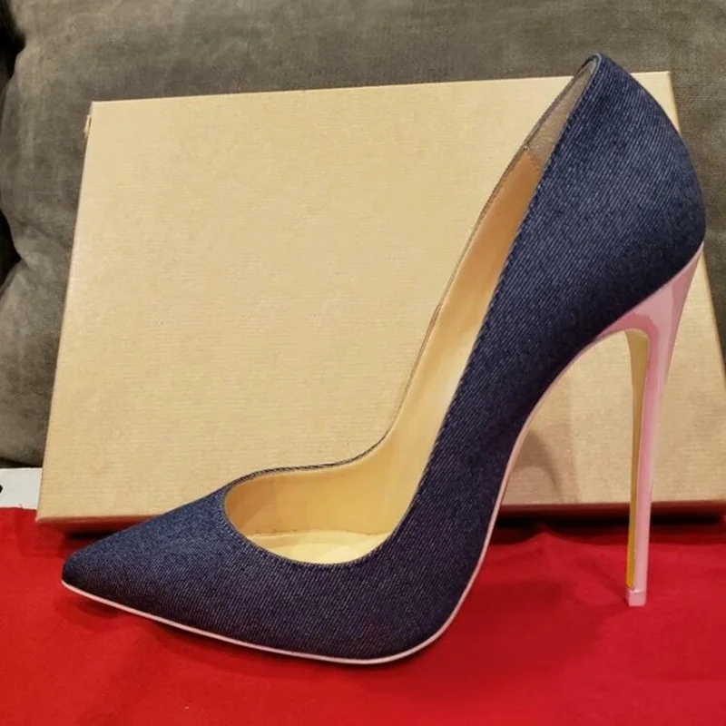 Fashion Denim Pointed Toe Women's Shoes Pink Patent Leather Stiletto Heel Pumps Shallow Blue Jeans High Heel Celebrating Shoes